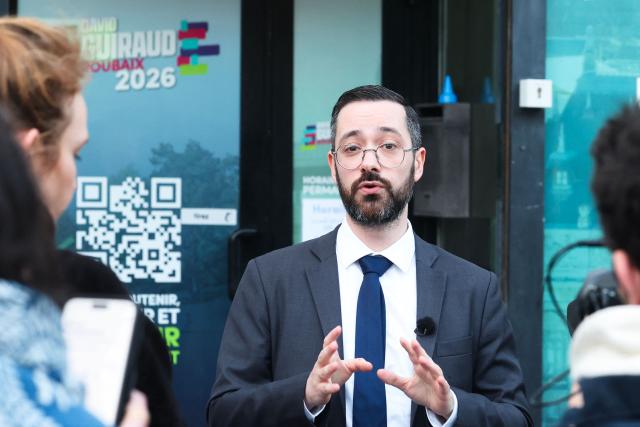 Left-wing La France Insoumise (LFI, Unbowed France) party candidate, David Guiraud speaks to the press in front of of his campaign headquarters during the first round of France's 2026 municipal elections in Roubaix, northern France, on March 15, 2026. (Photo by Francois LO PRESTI / AFP)
