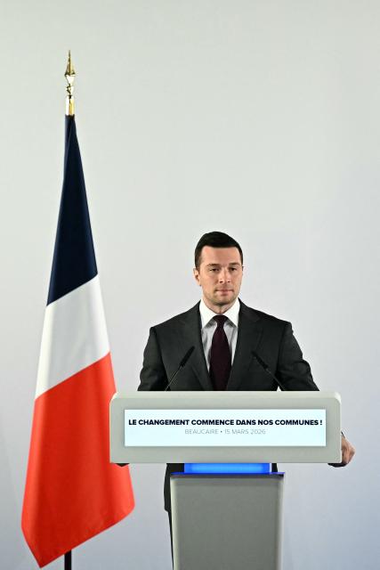 French far-right Rassemblement National (RN) party's President Jordan Bardella delivers a speech after the first round of France's 2026 municipal elections in Beaucaire, south-eastern France on March 15, 2026. (Photo by Gabriel BOUYS / AFP)