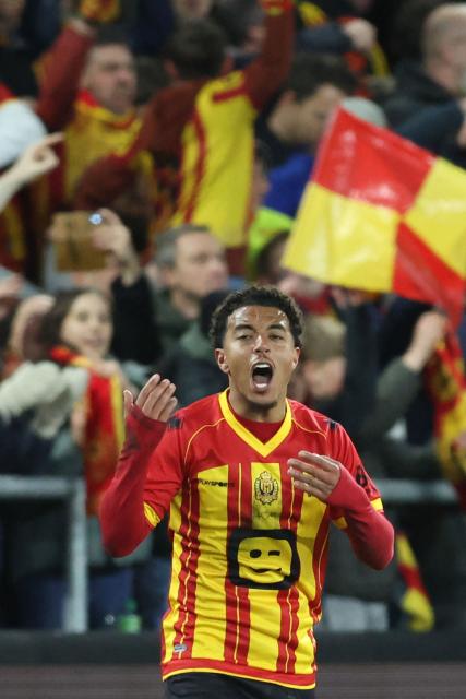 Mechelen's Dutch forward #09 Myron Van Brederode celebrates after scoring during the Belgian "Pro League" First Division football match between KV Mechelen and RSC Anderlecht at Achter De Kazerne in Mechelen on March 15, 2026. (Photo by BRUNO FAHY / BELGA / AFP) / Belgium OUT
