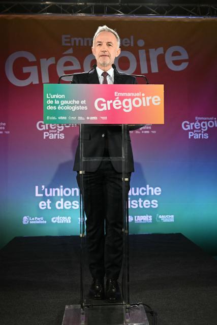 Socialist party (PS) mayoral candidate in Paris, Emmanuel Gregoire delivers a speech following the results of the first round of France's 2026 municipal elections in Paris on March 15, 2026. (Photo by Bertrand GUAY / AFP)