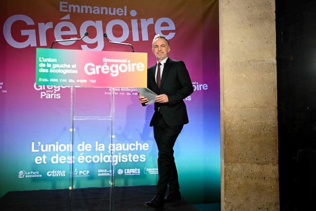 Socialist party (PS) mayoral candidate in Paris, Emmanuel Gregoire arrives to deliver a speech following the results of the first round of France's 2026 municipal elections in Paris on March 15, 2026. (Photo by Bertrand GUAY / AFP)