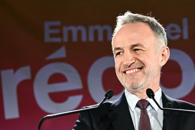 Socialist party (PS) mayoral candidate in Paris, Emmanuel Gregoire delivers a speech following the results of the first round of France's 2026 municipal elections in Paris on March 15, 2026. (Photo by Bertrand GUAY / AFP)