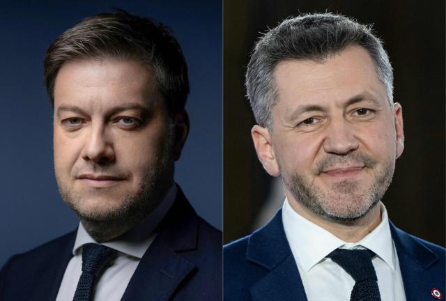 (COMBO) This combination of pictures created on March 15, 2026, shows (L) Marseille's mayor Benoit Payan as he poses during a photo session in Paris on November 19, 2025, and (R) French Rassemblement National (RN) member of Parliament Franck Allisio as he speaks during a debate organized by BFM-TV and the newspaper La Provence between the main candidates for March 2026 mayoral election at the Palais de la Bourse in Marseille on February 19, 2026.  (Photo by JOEL SAGET and MIGUEL MEDINA / AFP)