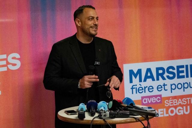 Marseille’s left-wing La France Insoumise (LFI, Unbowed France) party mayoral candidate Sebastien Delogu speaks following the results of the first round of France's 2026 municipal elections in Marseille, southern France, on March 15, 2026. (Photo by Elodie CLEMENT / AFP)