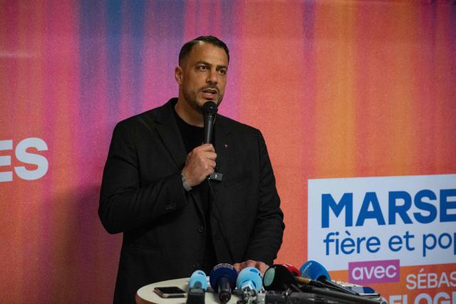 Marseille’s left-wing La France Insoumise (LFI, Unbowed France) party mayoral candidate Sebastien Delogu speaks following the results of the first round of France's 2026 municipal elections in Marseille, southern France, on March 15, 2026. (Photo by Elodie CLEMENT / AFP)