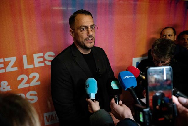 Marseille’s left-wing La France Insoumise (LFI, Unbowed France) party mayoral candidate Sebastien Delogu addresses journalists following the results of the first round of France's 2026 municipal elections in Marseille, southern France, on March 15, 2026. (Photo by Elodie CLEMENT / AFP)