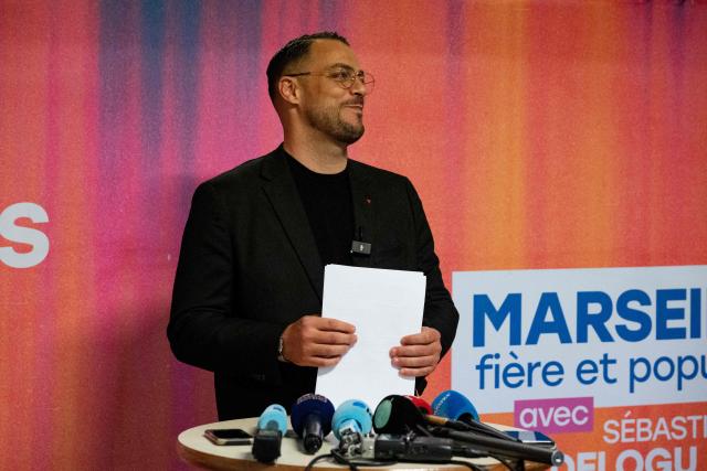 Marseille’s left-wing La France Insoumise (LFI, Unbowed France) party mayoral candidate Sebastien Delogu speaks following the results of the first round of France's 2026 municipal elections in Marseille, southern France, on March 15, 2026. (Photo by Elodie CLEMENT / AFP)