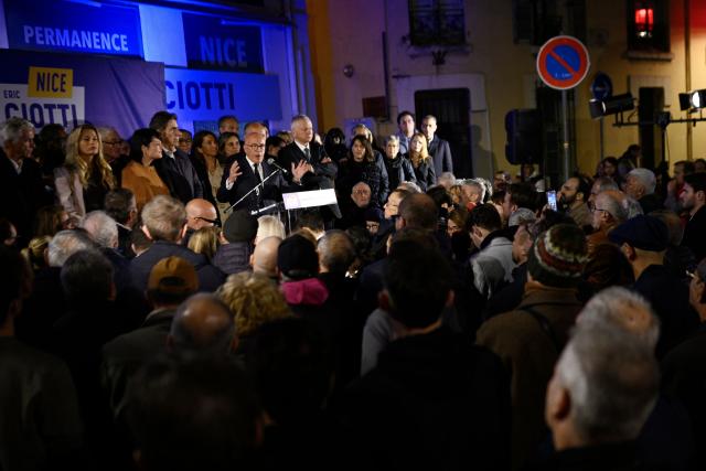 President of UDR parliamentary group and Nice mayoral candidate Eric Ciotti speaks following the results of the first round of France's 2026 municipal elections in Nice, southeastern France, on March 15, 2026. Eric Ciotti, the candidate for the Union of the Right and the National Rally in Nice, is well ahead of his political rival, the incumbent mayor in the first round of the municipal elections on Sunday, according to estimates. (Photo by Frederic DIDES / AFP)