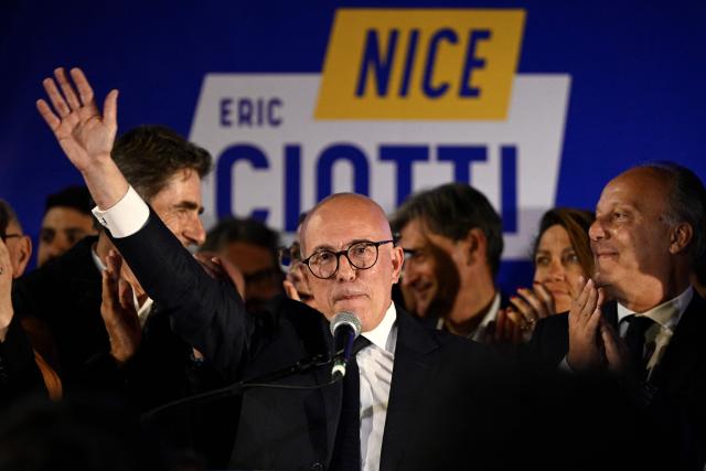 President of UDR parliamentary group and Nice mayoral candidate Eric Ciotti waves to supporters as he speaks following the results of the first round of France's 2026 municipal elections in Nice, southeastern France, on March 15, 2026. (Photo by Frederic DIDES / AFP)