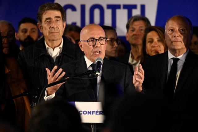 President of UDR parliamentary group and Nice mayoral candidate Eric Ciotti speaks following the results of the first round of France's 2026 municipal elections in Nice, southeastern France, on March 15, 2026. (Photo by Frederic DIDES / AFP)