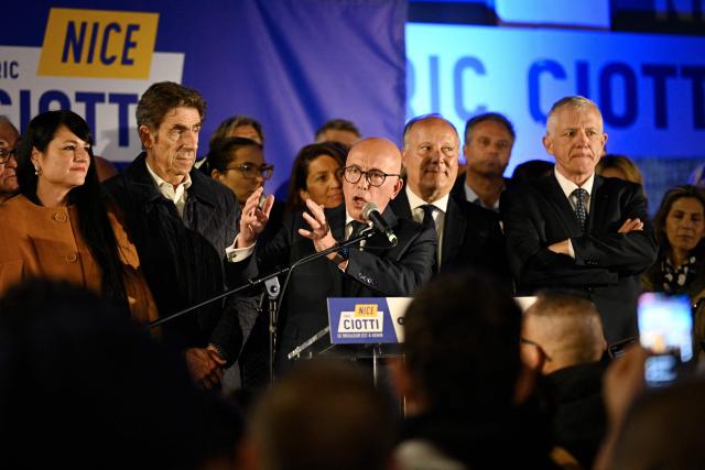 President of UDR parliamentary group and Nice mayoral candidate Eric Ciotti speaks following the results of the first round of France's 2026 municipal elections in Nice, southeastern France, on March 15, 2026. Eric Ciotti, the candidate for the Union of the Right and the National Rally in Nice, is well ahead of his political rival, the incumbent mayor in the first round of the municipal elections on Sunday, according to estimates. (Photo by Frederic DIDES / AFP)