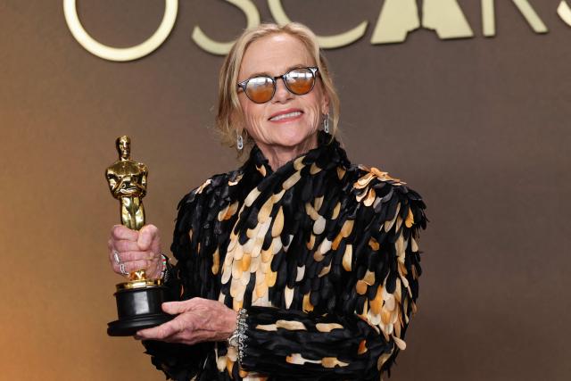 US actress Amy Madigan poses in the press room with the Oscar for Best Actress in a Supporting Role for "Weapons" during the 98th Annual Academy Awards at the Dolby Theatre in Hollywood, California on March 15, 2026. (Photo by VALERIE MACON / AFP)