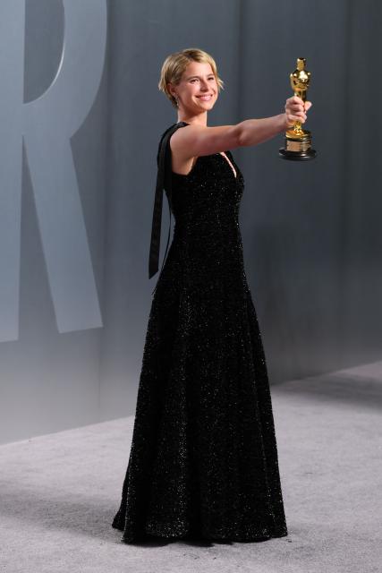 Irish actress Jessie Buckley holds her Oscar for Best Actress in a Leading Role for "Hamnet" as she attends the Vanity Fair Oscar Party at the Los Angeles County Museum of Art (LACMA) in Los Angeles on March 15, 2026. (Photo by Jean Baptiste Lacroix / AFP)