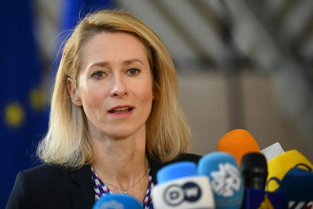 EU High Representative and Vice-President for Foreign Affairs and Security Policy, Kaja Kallas addresses the media as she arrives for a Foreign Affairs Council to discuss Russia’s war of aggression against Ukraine and the situation in the Middle East, in Brussels on March 16, 2026. (Photo by NICOLAS TUCAT / AFP)