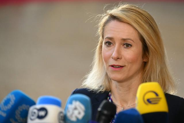 EU High Representative and Vice-President for Foreign Affairs and Security Policy, Kaja Kallas addresses the media as she arrives for a Foreign Affairs Council to discuss Russia’s war of aggression against Ukraine and the situation in the Middle East, in Brussels on March 16, 2026. (Photo by NICOLAS TUCAT / AFP)