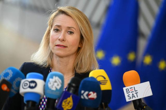 EU High Representative and Vice-President for Foreign Affairs and Security Policy, Kaja Kallas addresses the media as she arrives for a Foreign Affairs Council to discuss Russia’s war of aggression against Ukraine and the situation in the Middle East, in Brussels on March 16, 2026. (Photo by NICOLAS TUCAT / AFP)
