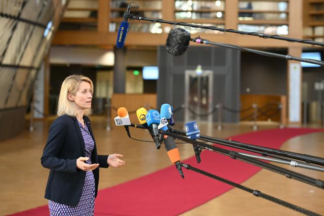 EU High Representative and Vice-President for Foreign Affairs and Security Policy, Kaja Kallas addresses the media as she arrives for a Foreign Affairs Council to discuss Russia’s war of aggression against Ukraine and the situation in the Middle East, in Brussels on March 16, 2026. (Photo by NICOLAS TUCAT / AFP)