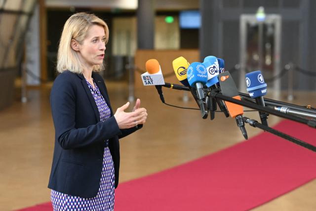 EU High Representative and Vice-President for Foreign Affairs and Security Policy, Kaja Kallas addresses the media as she arrives for a Foreign Affairs Council to discuss Russia’s war of aggression against Ukraine and the situation in the Middle East, in Brussels on March 16, 2026. (Photo by NICOLAS TUCAT / AFP)