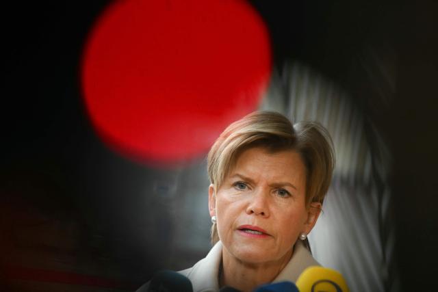 Latvia's Foreign Minister Baiba Braze speaks to the media as she arrives for a Foreign Affairs Council to discuss Russia’s war of aggression against Ukraine and the situation in the Middle East, in Brussels on March 16, 2026. (Photo by NICOLAS TUCAT / AFP)