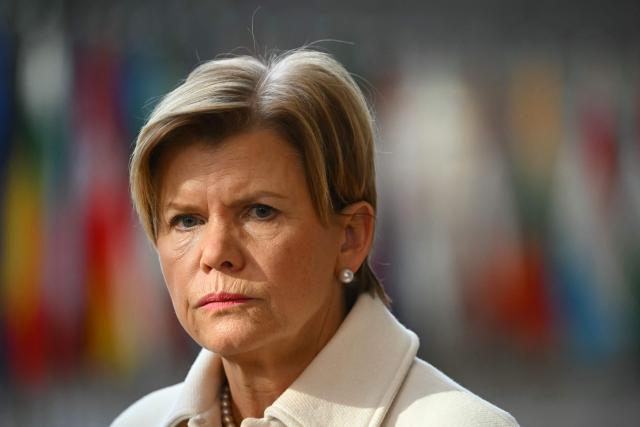 Latvia's Foreign Minister Baiba Braze arrives for a Foreign Affairs Council to discuss Russia’s war of aggression against Ukraine and the situation in the Middle East, in Brussels on March 16, 2026. (Photo by NICOLAS TUCAT / AFP)