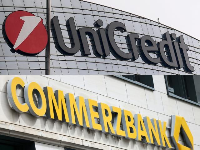(FILES) (COMBO) This combination of pictures created on December 18, 2024 shows
the Unicredit logo on the Unicredit tower in Milan on November 7, 2017 and the logo of German bank Commerzbank is pictured in Frankfurt am Main, western Germany, on September 24, 2024.. Italian bank UniCredit on March 16, 2026, made a 35-billion-euro ($40 billion) takeover offer for Germany's Commerzbank, a move likely to provoke fierce resistance from the government in Berlin.
While stressing that it did not expect to take full control, UniCredit said it would raise its stake in the German bank to more than 30 percent, triggering a mandatory takeover offer for the whole bank under German law. (Photo by MARCO BERTORELLO and Daniel ROLAND / AFP)