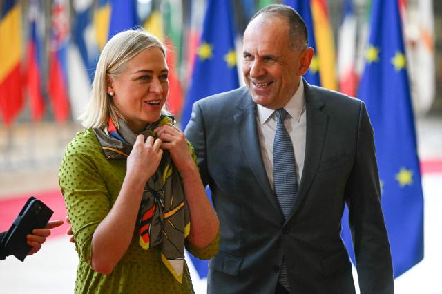 Finland's Foreign Minister Elina Valtonen (L) and Greece's Foreign Minister Giorgos Gerapetritis arrive for a Foreign Affairs Council to discuss Russia’s war of aggression against Ukraine and the situation in the Middle East, in Brussels on March 16, 2026. (Photo by NICOLAS TUCAT / AFP)