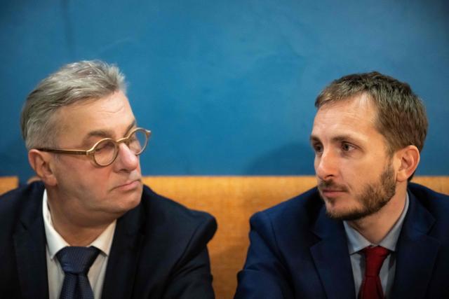 Toulouse mayoral candidates for left-wing "La Gauche Unie" Francois Briancon (L) and left-wing La France Insoumise (LFI) Francois Piquemal (R) give a joint press conference after the first round of France's 2026 municipal elections in Toulouse, southwestern France, on March 16, 2026. (Photo by Lionel BONAVENTURE / AFP)