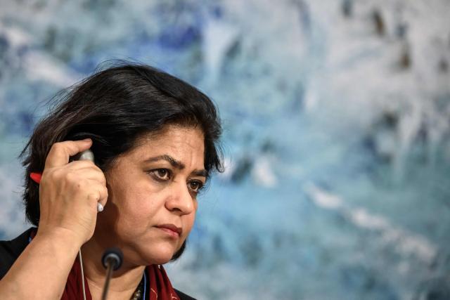 Chair of the United Nations' Independent International Iran Fact-Finding Mission Sara Hossain gestures after delivering her speeh before delegates at the UN Human Rights Council on March 16, 2026. (Photo by Fabrice COFFRINI / AFP)