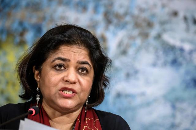 Chair of the United Nations' Independent International Iran Fact-Finding Mission Sara Hossain delivers her speeh before delegates at the UN Human Rights Council on March 16, 2026. (Photo by Fabrice COFFRINI / AFP)