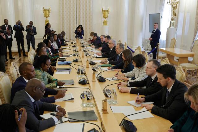 Russia's Foreign Minister Sergei Lavrov (6th R) attends a meeting with Kenya's Foreign Minister Musalia Mudavadi (6th L) in Moscow on March 16, 2026. (Photo by TATYANA MAKEYEVA / POOL / AFP)