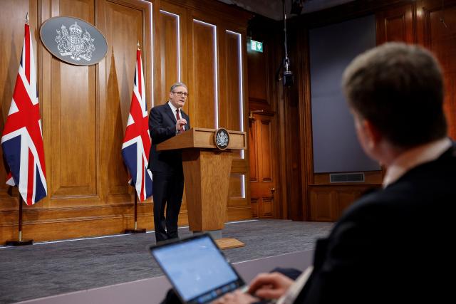 Britain's Prime Minister Keir Starmer speaks to the media on the situation in the Middle East, at Downing Street in central London on March 16, 2026. (Photo by Brook Mitchell / POOL / AFP)