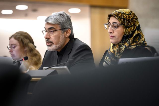 Iran's ambassador to the United Nations in Geneva Ali Bahreini (C) delivers a speech following a report of the United Nations' Special Rapporteur on the situation of human rights in the Islamic Republic of Iran during a session of the UN Human Rights Council, in Geneva on March 16, 2026. (Photo by Fabrice COFFRINI / AFP)