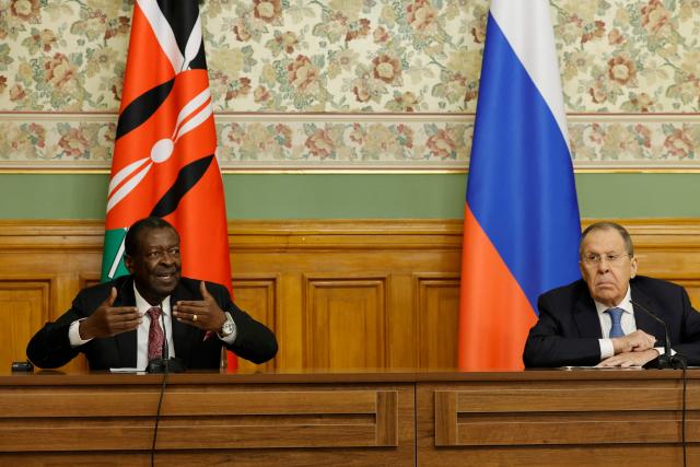 Russia's Foreign Minister Sergei Lavrov (R) and Kenya's Foreign Minister Musalia Mudavadi (L) attend a joint press conference following their talks in Moscow on March 16, 2026. (Photo by TATYANA MAKEYEVA / POOL / AFP)