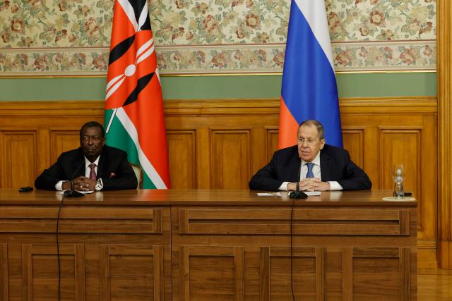 Russia's Foreign Minister Sergei Lavrov (R) and Kenya's Foreign Minister Musalia Mudavadi (L) attend a joint press conference following their talks in Moscow on March 16, 2026. (Photo by TATYANA MAKEYEVA / POOL / AFP)