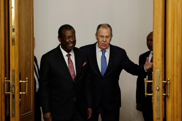 Russia's Foreign Minister Sergei Lavrov (R) and Kenya's Foreign Minister Musalia Mudavadi (L) arrive for a joint press conference following their talks in Moscow on March 16, 2026. (Photo by TATYANA MAKEYEVA / POOL / AFP)