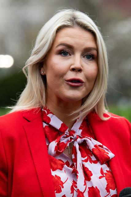 White House Press Secretary Karoline Leavitt speaks to members of the press outside of the West Wing at the White House in Washington, DC, March 16, 2026. (Photo by Annabelle GORDON / AFP)