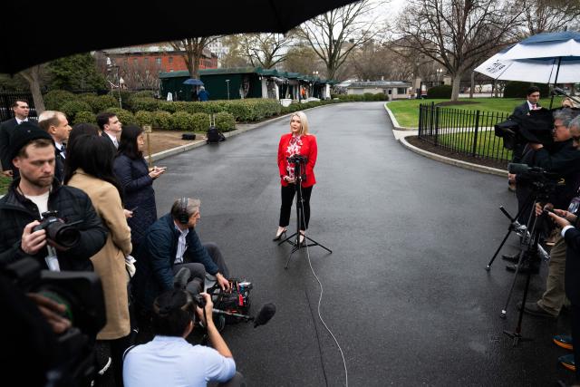 White House Press Secretary Karoline Leavitt speaks to members of the press outside of the West Wing at the White House in Washington, DC, March 16, 2026. (Photo by Annabelle GORDON / AFP)