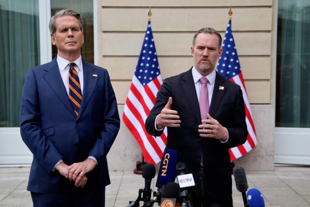 US Trade Representative Jamieson Greer (R) addresses journalists next to US Treasury Secretary Scott Bessent following a new round of trade discussions with Chinese officials at the OECD Headquarters in Paris on March 16, 2026. China and the United States agreed that stable bilateral economic trade relations were beneficial to both countries and the world, China's International Trade Representative told reporters. (Photo by Ludovic MARIN / AFP)