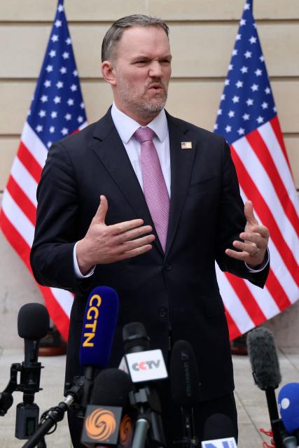 US Trade Representative Jamieson Greer addresses journalists during a press statement with US Treasury Secretary Scott Bessent (unseen) following a new round of trade discussions with Chinese officials at the OECD Headquarters in Paris on March 16, 2026. China and the United States agreed that stable bilateral economic trade relations were beneficial to both countries and the world, China's International Trade Representative told reporters. (Photo by Ludovic MARIN / AFP)