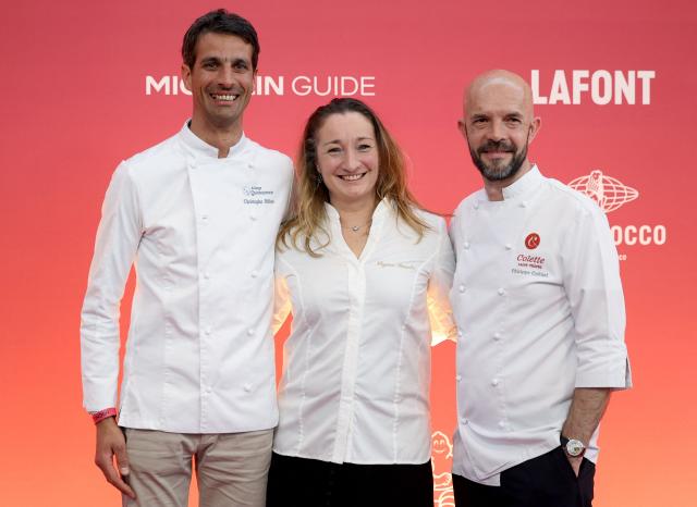 (From L) French chefs Christophe Billau, Virginie Basselot, and Philippe Colinet pose upon arrival to attend the 2026 Michelin Guide award winners ceremony in Monaco on March 16, 2026. (Photo by Valery HACHE / AFP)