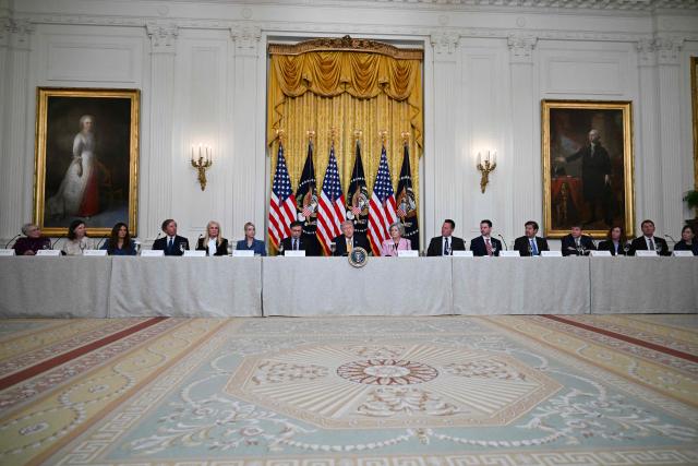 US President Donald Trump (C) speaks during a lunch with the Kennedy Center Board Members in the East Room of the White House on March 16, 2026 in Washington, DC. (Photo by Annabelle GORDON / AFP)