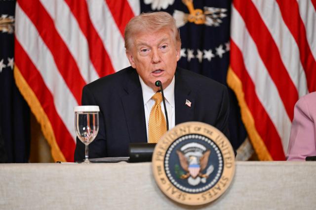US President Donald Trump speaks during a lunch with the Kennedy Center Board Members in the East Room of the White House on March 16, 2026 in Washington, DC. (Photo by Annabelle GORDON / AFP)