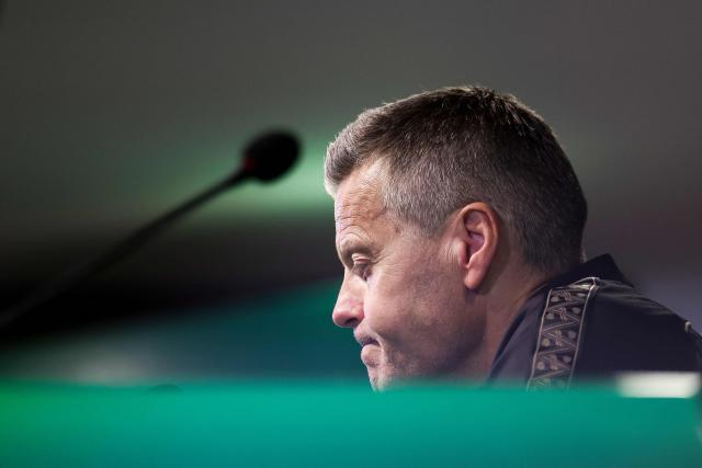 Bodoe/Glimt’s coach Kjetil Knutsen attends gives a press conference on the eve of their UEFA Champions League last 16 second leg football match against Sporting CP at Jose Alvalade stadium in Lisbon on March 16, 2026. (Photo by PATRICIA DE MELO MOREIRA / AFP)