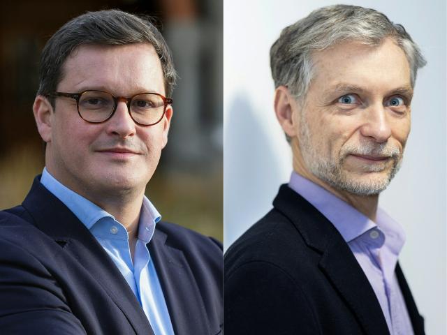 (COMBO) This combination of pictures created on March 16, 2026 shows incumbent mayor of Lille and Socialist Party (PS) candidate for re-election, Arnaud Deslandes during a photo session in front of the City Hall of Lille, northern France, on December 10, 2025 (L) and
French ecologist party Europe Ecologie Les Verts (EELV) candidate for Mayor of Lille, Stephane Baly (R) ahead of a public debate with her rival candidates to discuss the future of municipal and metropolitan cultural policy, at Sciences Po University in Lille, northern France, on February 10, 2026.. The list of ecologist Stéphane Baly, who came third in the first round of the municipal elections in Lille, announced on Monday in a press release that it would merge with that of incumbent Socialist mayor Arnaud Deslandes, who came out ahead in this historic stronghold of the Socialist Party. (Photo by Sameer Al-DOUMY / AFP)