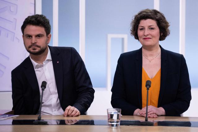(FILES) La France Insoumise (LFI)’s Mayoral candidate for Strasbourg Florian Kobryn (L), Strasbourg's outgoing Mayor and candidate for re-election for Les Ecologistes Jeanne Barseghian (C) and National Rally (RN)’s Mayoral candidate for Strasbourg Virginie Joron (R) take part in a debate organised by local Radio and TV broadcaster 'ICI Alsace' in Strasbourg, eastern France, on March 11, 2026. The outgoing mayor of Strasbourg, Jeanne Barseghian (The Ecologists), and La France Insoumise announced on March 16 that they would join forces in an attempt to win against Socialist candidate Catherine Trautmann, who came out ahead in the first round of the municipal elections. (Photo by SEBASTIEN BOZON / AFP)
