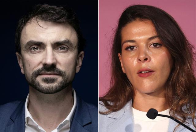 COMBO) This combination of pictures created on March 16, 2026 shows (L) French EELV ecologist party politician and incombant Mayor of Lyon, Gregory Doucet, posing during a photo session in Paris on February 2, 2021, and (R) French leftist La France Insoumise (LFI) list candidate for Mayor of Lyon, Anais Belouassa-Cherifi, during her first campaign rally in Lyon, eastern France, on November 6, 2025. In Lyon, left-wing party La France Insoumise (LFI) joined the lists of ecologist mayor Gregory Doucet ahead of the second round of municipal elections, a crucial contribution for the mayor hoping to defeat Jean-Michel Aulas, who denounced the agreement as "shameful," on March 16, 2026. (Photo by JOEL SAGET and Alex MARTIN / AFP)