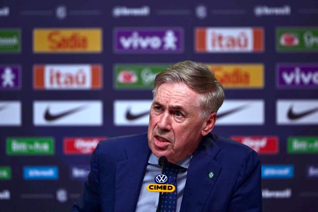 Brazil's national football team coach Italian Carlo Ancelotti speaks during a press conference to announce the squad for the international friendlies against France and Croatia in Rio de Janeiro, Brazil on March 16, 2026. (Photo by Pablo PORCIUNCULA / AFP)