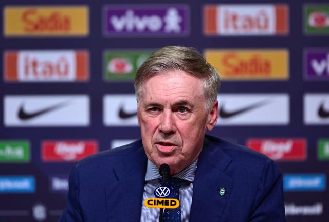 Brazil's national football team coach Italian Carlo Ancelotti speaks during a press conference to announce the squad for the international friendlies against France and Croatia in Rio de Janeiro, Brazil on March 16, 2026. (Photo by Pablo PORCIUNCULA / AFP)