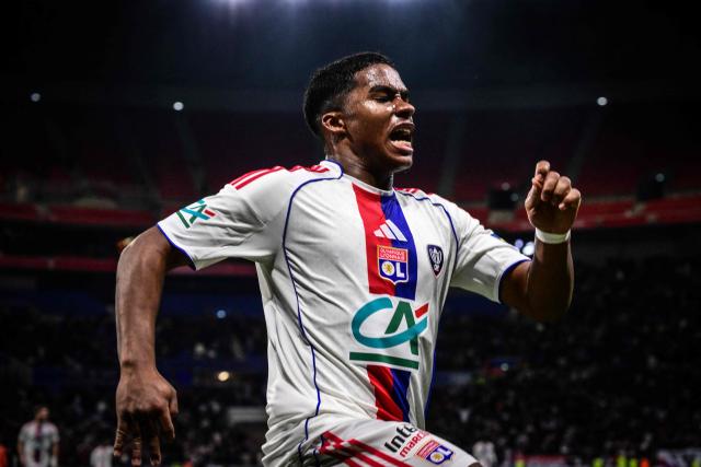 (FILES) Lyon’s Brazilian forward #09 Endrick celebrates celebrates scoring his team's first goal during the French Cup round of 16 football match between Olympique Lyonnais and Laval Stade Mayenne FC at Groupama Stadium in Lyon on February 4, 2026. Young striker Endrick, who has enjoyed a resurgence since joining Olympique Lyon on loan from Real Madrid, is the standout new addition to Brazil’s squad for this month’s friendlies against France and Croatia, head coach Carlo Ancelotti announced on March 16, 2026. (Photo by OLIVIER CHASSIGNOLE / AFP)