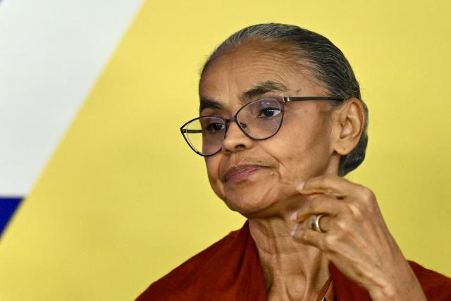 Brazil's Environment Minister Marina Silva presents the National Climate Change Plan during a press conference at Planalto Palace in Brasilia on March 16, 2026. (Photo by Evaristo Sa / AFP)